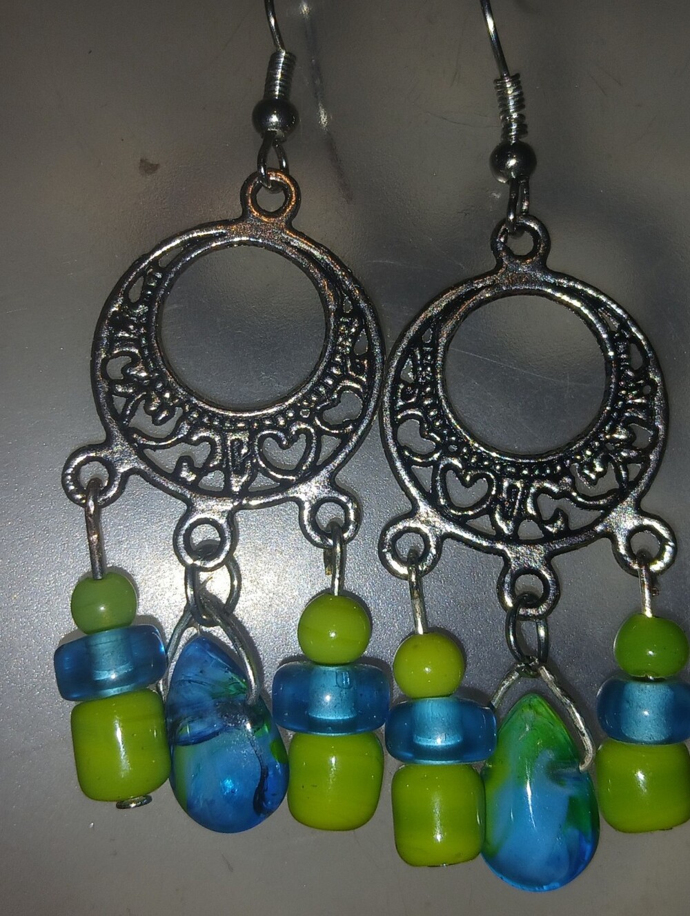 Hand. Crafted Green & Blue Dangle Hoop Earrings
